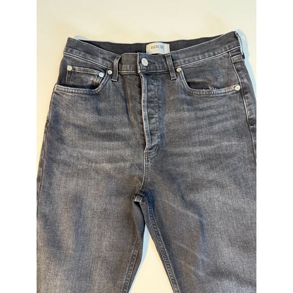 Agolde Riley 29 Black Jeans Button Fly High Waist Slim Straight Crop Denim - Picture 11 of 13